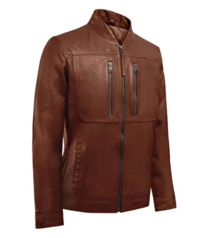 Side view of Brown Bomber Biker Leather Jacket