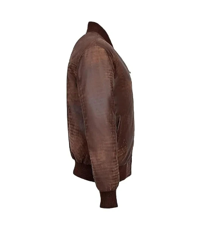 Detail view of Men's Brown Leather Bomber Jacket