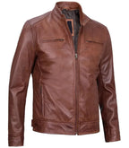 Detail view of Men's Brown Leather Cafe Racer Jacket