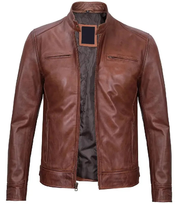 Side view of Men's Brown Leather Cafe Racer Jacket