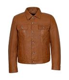Front view of Brown Leather Trucker Jacket