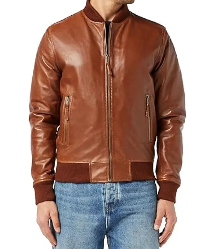 Side view of Brown Varsity Bomber Jacket