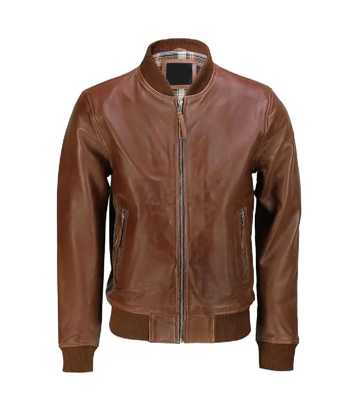 Front view of Brown Varsity Bomber Jacket