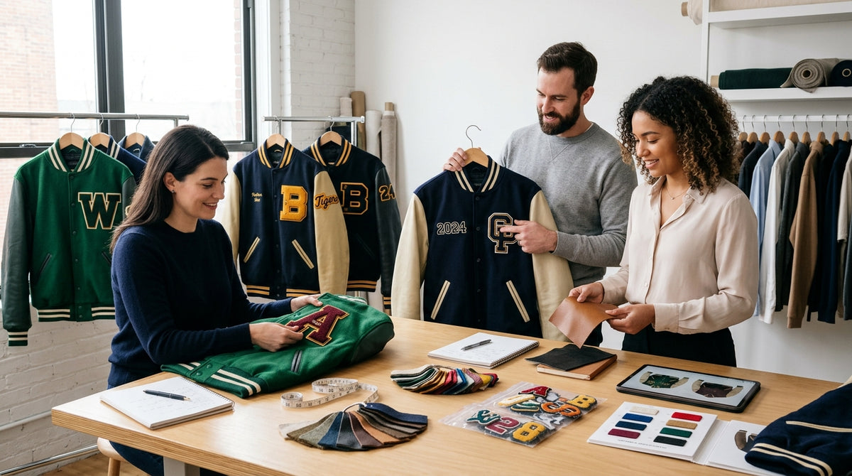 Three people collaborate on a bulk varsity jacket order in a bright design studio. A woman examines a green jacket with a chenille letter patch, while a man holds up a navy and cream varsity jacket embroidered with '2024.' A second woman reviews leather swatch samples. The worktable displays fabric color swatches, assorted letter patches, a tape measure, notebooks, and a tablet showing jacket designs. Multiple completed varsity jackets hang on racks in the background.