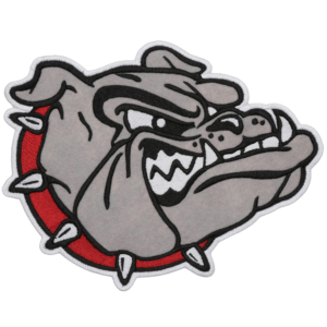 Gray bulldog head embroidered patch with fierce expression, sharp teeth, red spiked collar, and bold black and white detailing.