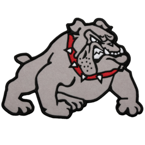Gray bulldog embroidered patch with aggressive face, muscular stance, red spiked collar, and bold black outline.