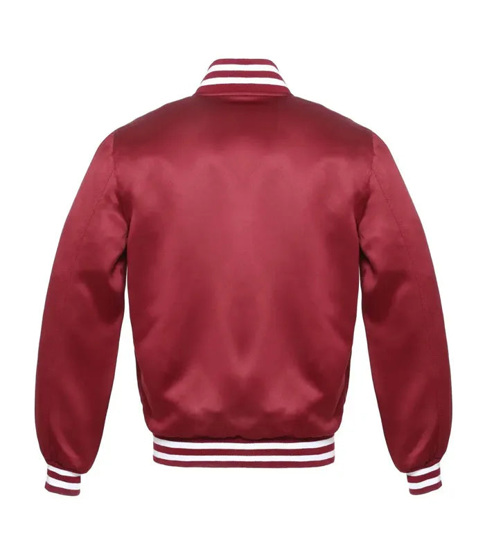 Back view of maroon varsity jacket with white striped collar, cuffs, and hem for custom team wear