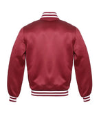 Back view of maroon varsity jacket with white striped collar, cuffs, and hem for custom team wear