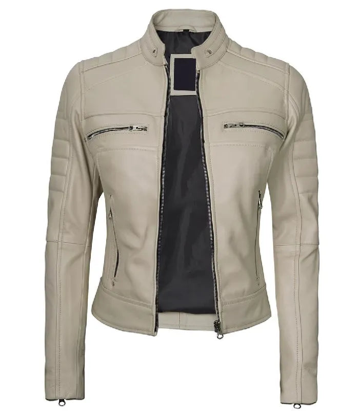 Back view of Women's Cafe Racer Beige Leather Jacket in Green