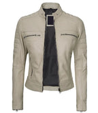 Back view of Women's Cafe Racer Beige Leather Jacket in Green
