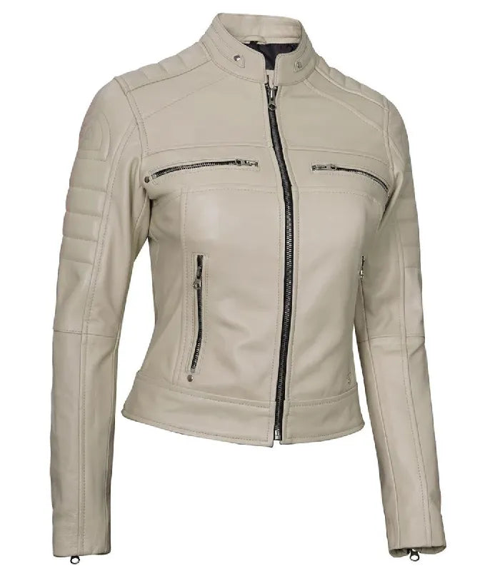 Side view of Women's Cafe Racer Beige Leather Jacket in Green
