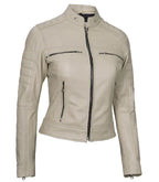 Side view of Women's Cafe Racer Beige Leather Jacket in Green