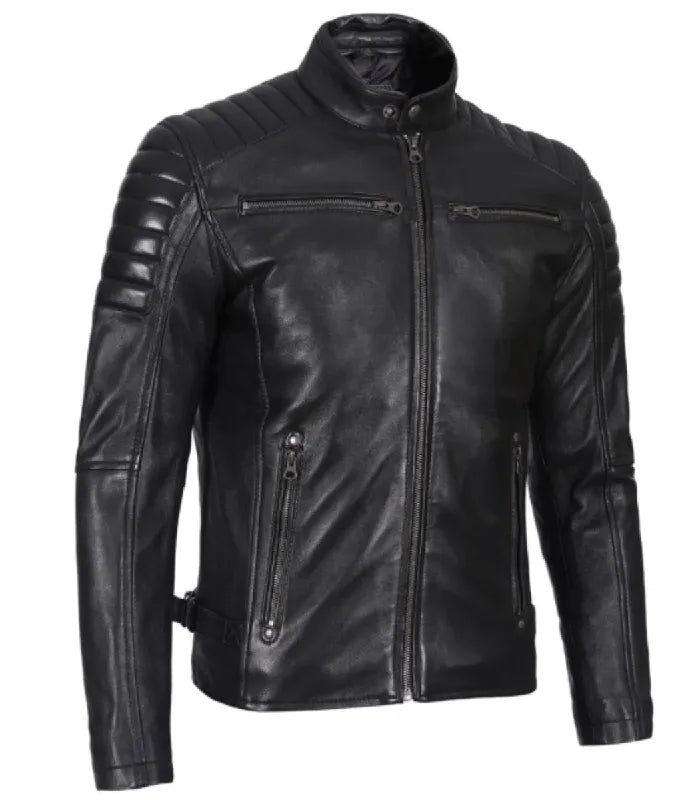 Detail view of Men's Black Cafe Racer Leather Jacket