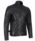 Detail view of Men's Black Cafe Racer Leather Jacket