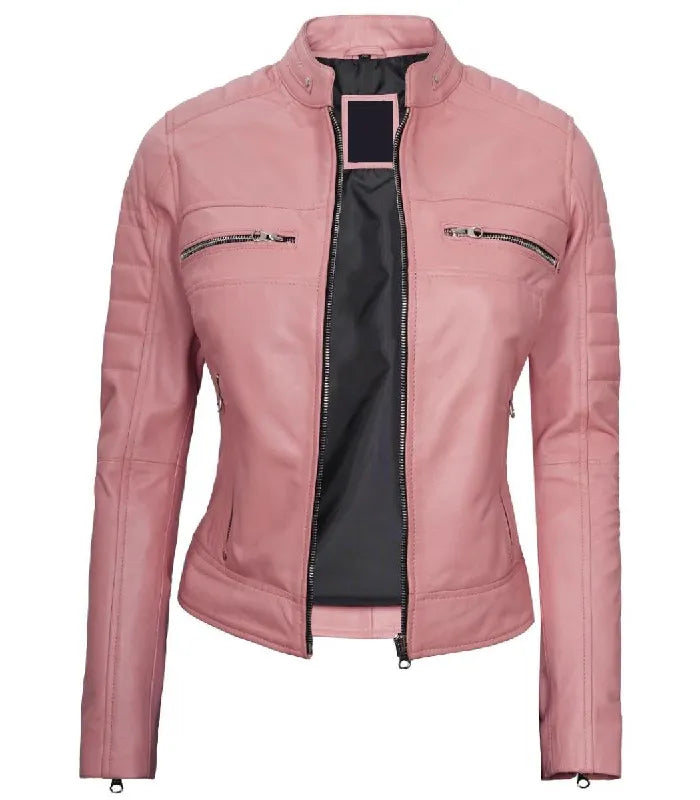 Back view of Women's Cafe Racer Pink Leather Jacket