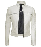 Back view of Women's Cafe Racer White Leather Jacket