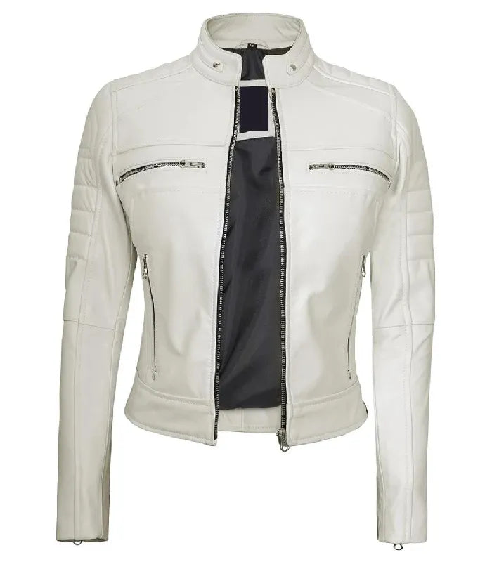 Back view of Women's Cafe Racer White Leather Jacket