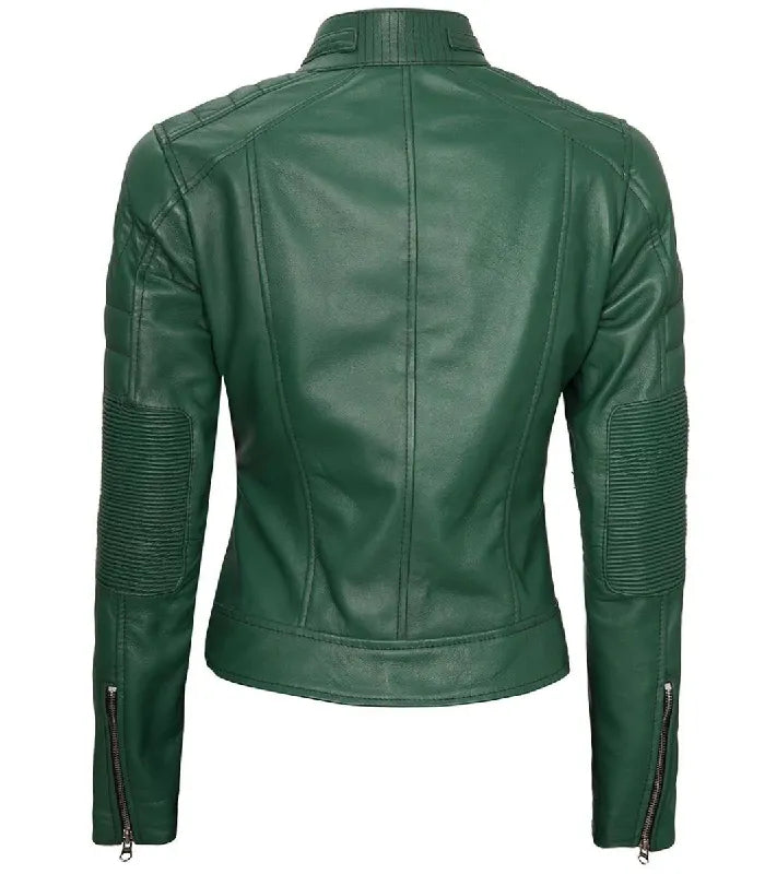 Detail view of Women's Cafe Racer Green Leather Jacket