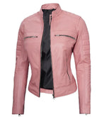 Side view of Women's Cafe Racer Pink Leather Jacket