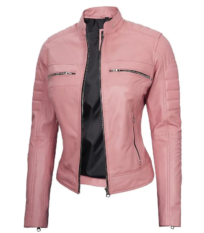 Side view of Women's Cafe Racer Pink Leather Jacket