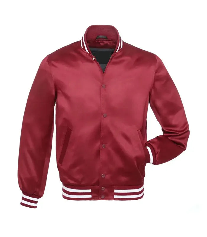 Customizable red varsity jacket with white striped cuffs and collar, ideal for teams and groups