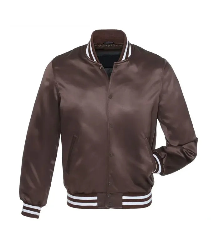 Brown satin varsity jacket with white striped collar, cuffs, and hem for custom team or individual wear