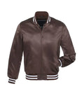 Brown satin varsity jacket with white striped collar, cuffs, and hem for custom team or individual wear