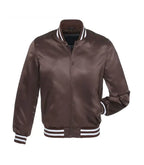 Brown satin varsity jacket with white striped collar, cuffs, and hem for custom team or individual wear