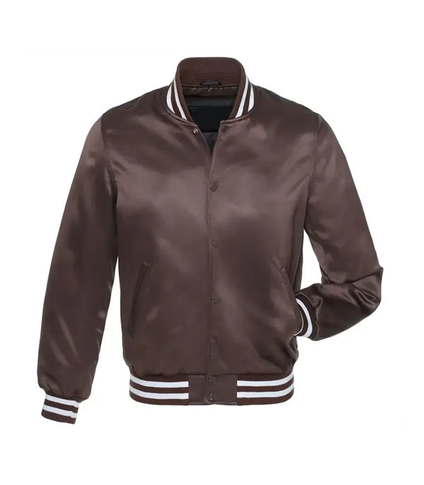 Brown satin varsity jacket with white striped collar, cuffs, and hem for custom team or individual wear