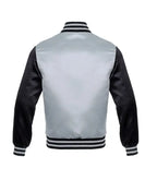 Back view of silver and black varsity jacket with striped cuffs and collar, customizable for teams or individuals.