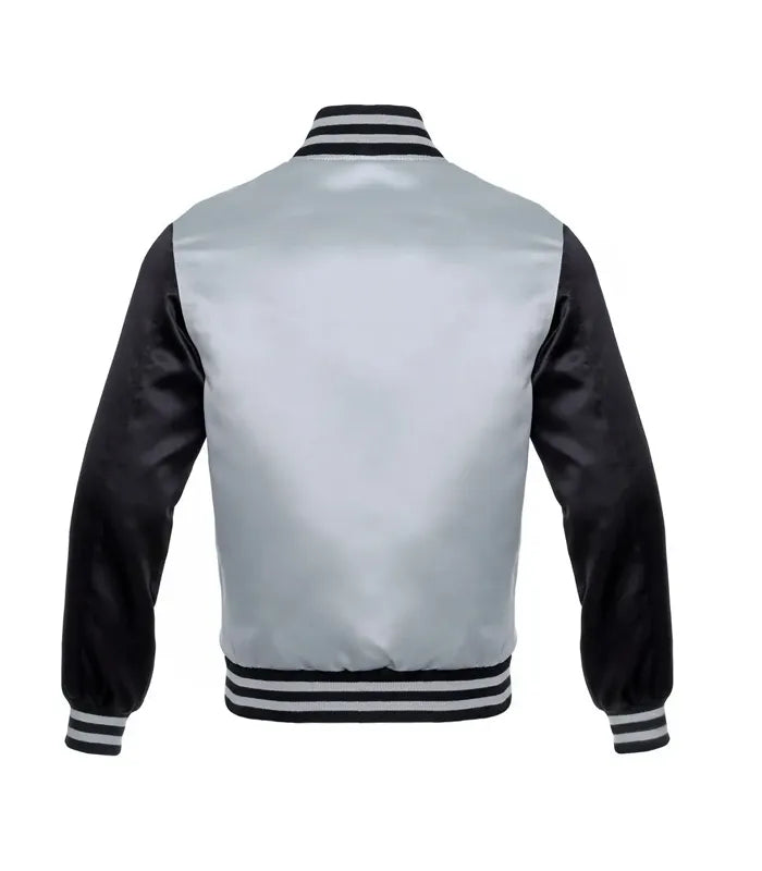 Back view of silver and black varsity jacket with striped cuffs and collar, customizable for teams or individuals.