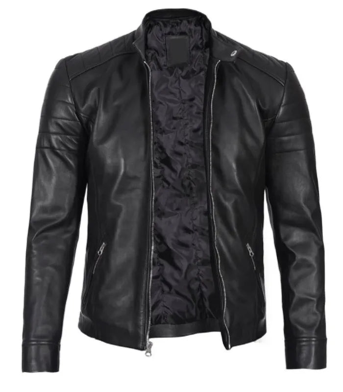 Side view of Men's Classic Black Leather Cafe Racer Jacket