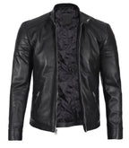 Side view of Men's Classic Black Leather Cafe Racer Jacket