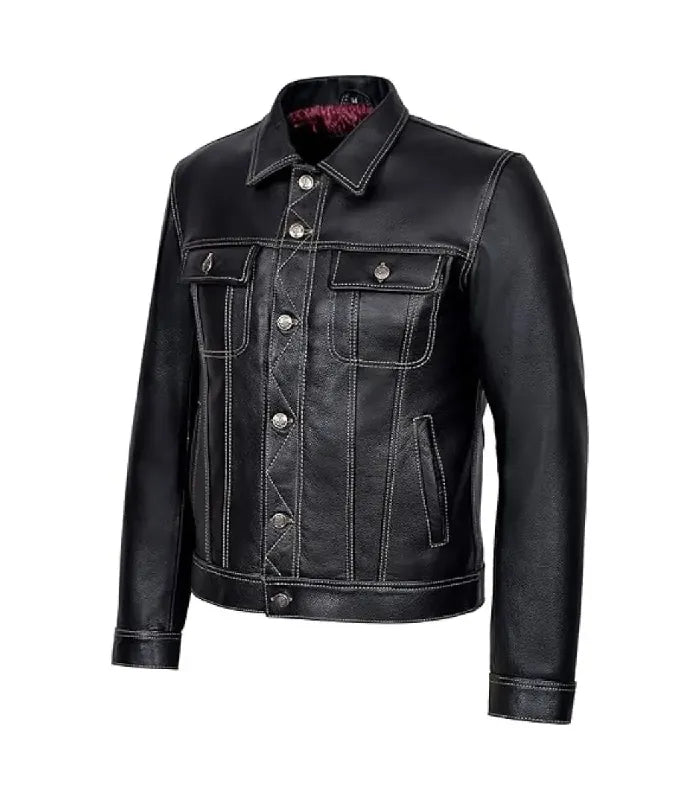 Side view of Classic Black Leather Trucker Jacket