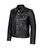 Side view of Classic Black Leather Trucker Jacket