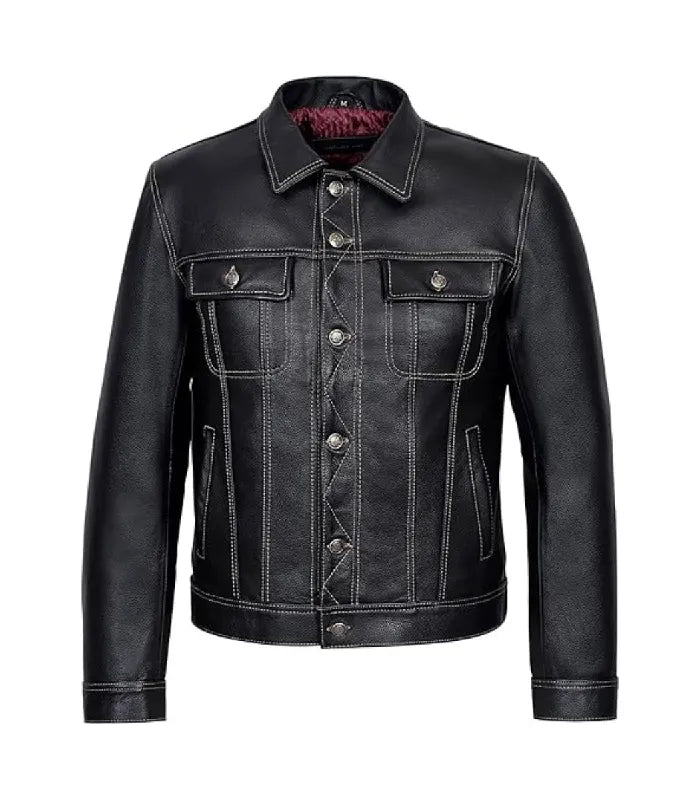 Front view of Classic Black Leather Trucker Jacket
