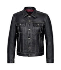 Front view of Classic Black Leather Trucker Jacket