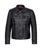 Front view of Classic Black Leather Trucker Jacket