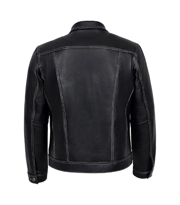 Back view of Classic Black Leather Trucker Jacket