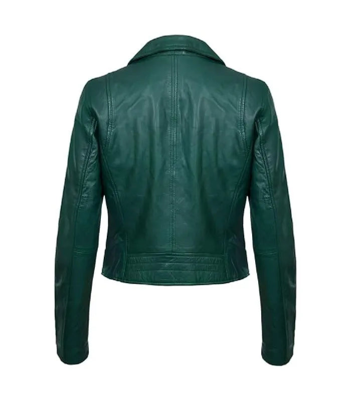 Back view of Women's's Classic Green Biker Leather Jacket