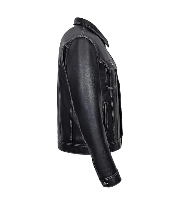 Detail view of Classic Black Leather Trucker Jacket