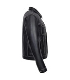 Detail view of Classic Black Leather Trucker Jacket