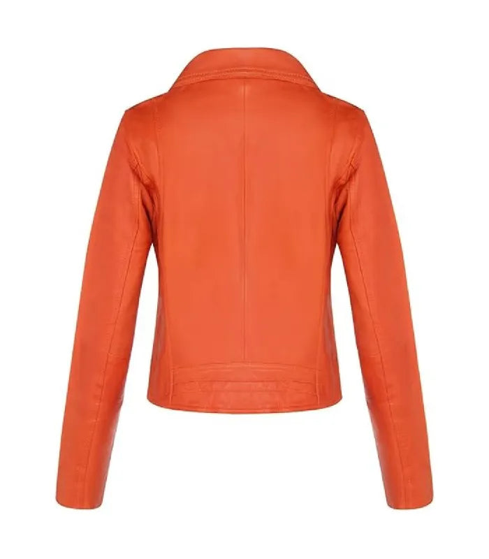 Back view of Women's's Classic Orange Biker Leather Jacket