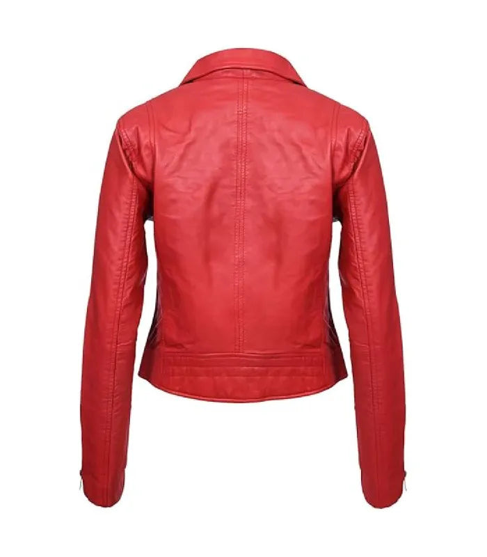 Back view of Women's's Classic Red Leather Biker Jacket
