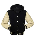 Black and cream varsity jacket back view with hood, contrast sleeves, and traditional letterman jacket structure.