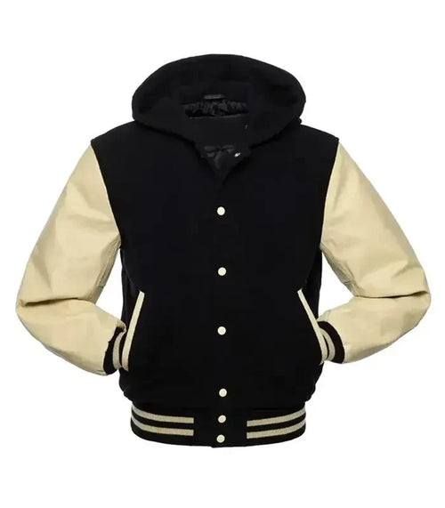 Black and cream varsity jacket back view with hood, contrast sleeves, and traditional letterman jacket structure.