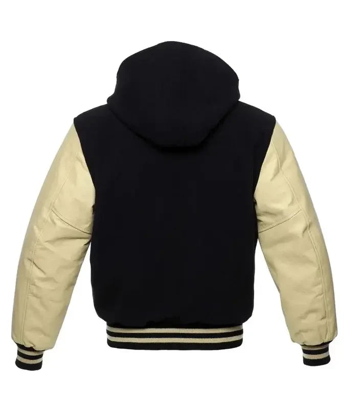 Black and cream varsity hooded jacket back view with hood detail, contrast sleeves, and classic striped waistband finish.
