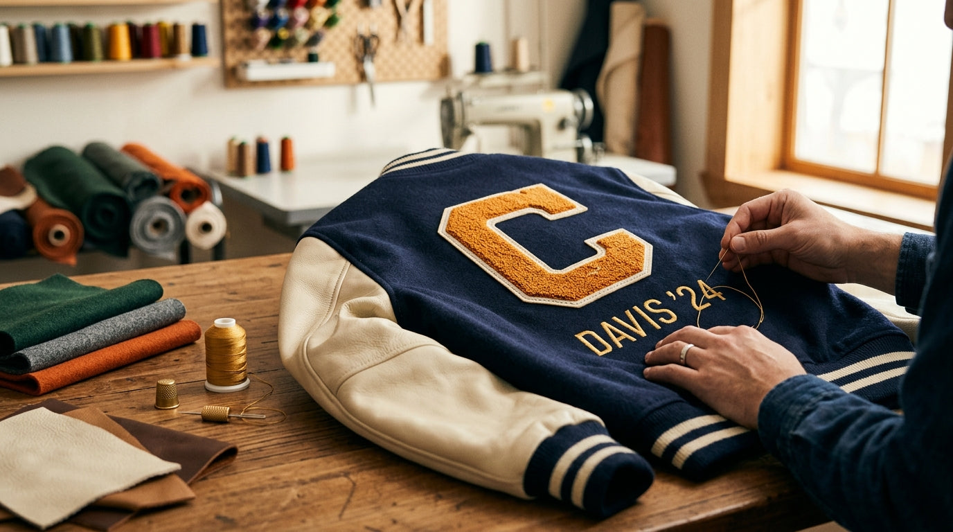 Hands customizing a navy and cream varsity jacket with a chenille C patch on a worktable.