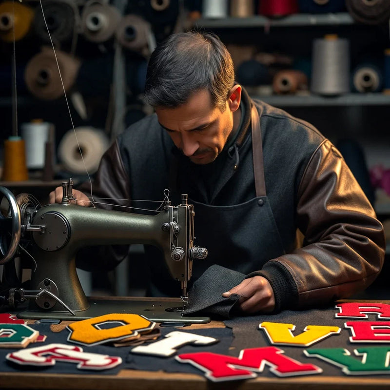 Craftsman sewing a custom varsity jacket at an industrial machine with chenille letters on the table.