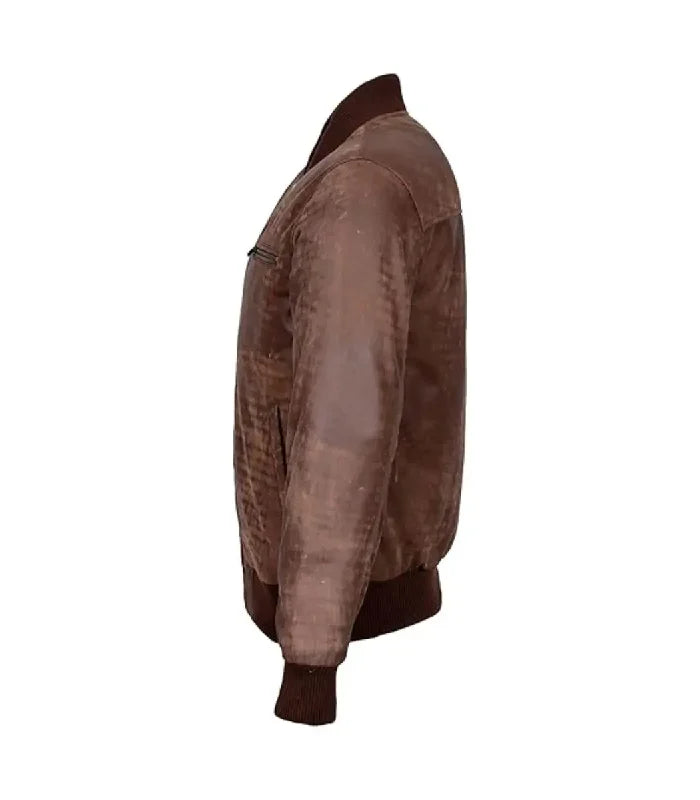 Close-up detail of Men's Brown Leather Bomber Jacket